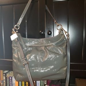 NWT slate grey Coach patent leather handbag